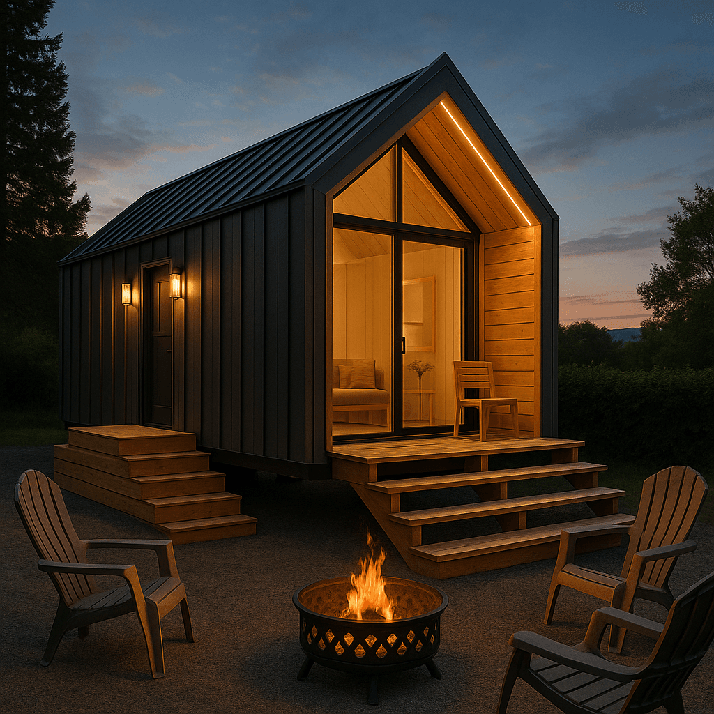 Cabin 12 modular cabin exterior at dusk