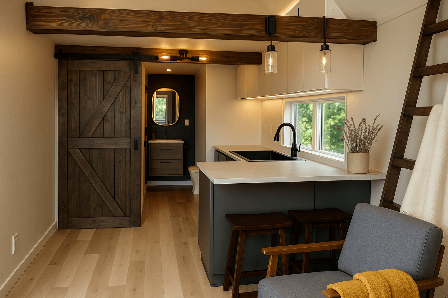 Kitchen with barn door and loft